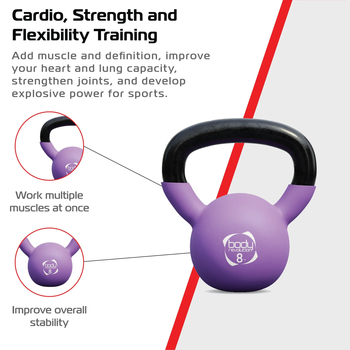 Purple 24kg neoprene kettlebell with a sturdy black handle, designed for strength training and improving overall stability