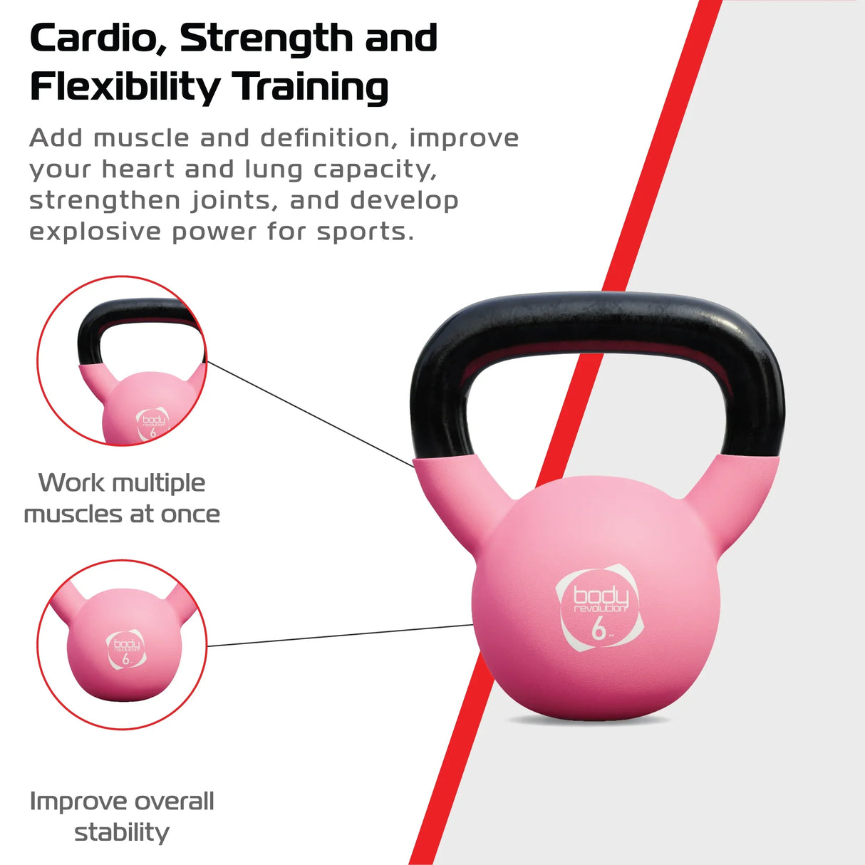 Body Revolution 18kg neoprene kettlebell in pink with a black handle, designed for strength training and improved stability