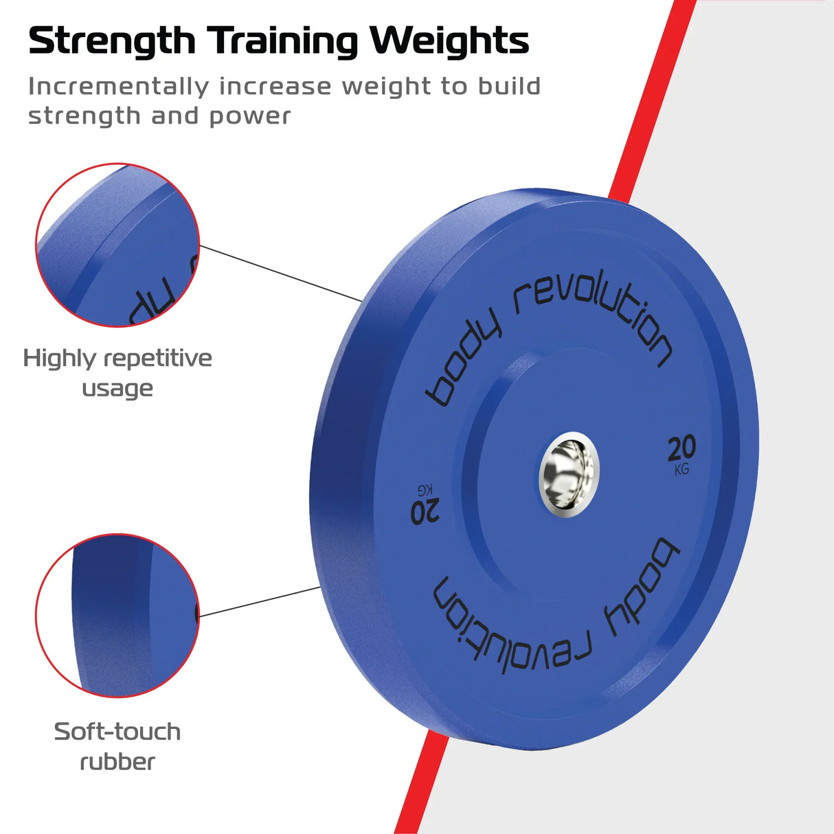 Body Revolution 100kg Bundle Olympic bumper plate in blue, made of soft-touch rubber, featuring a 20 kg weight and durable design