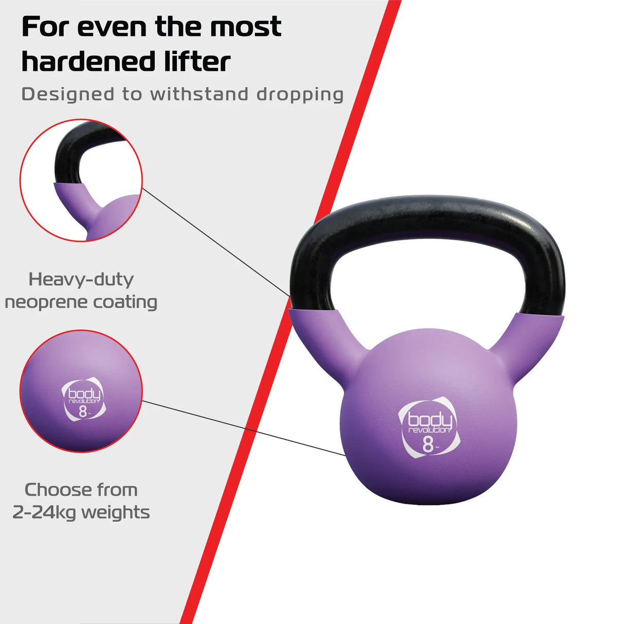 Purple 8kg neoprene kettlebell with a sturdy black handle, designed for durability and easy grip during workouts