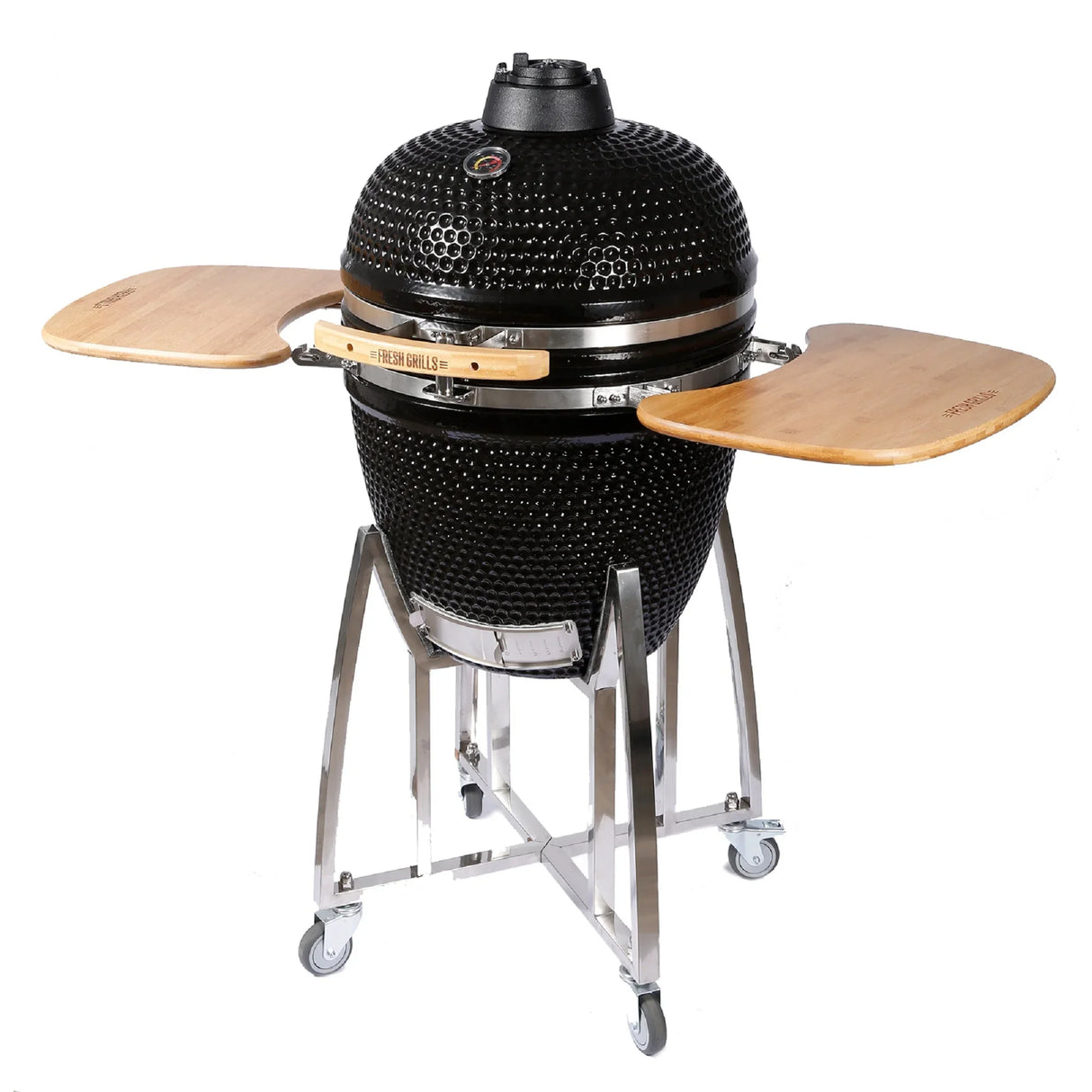 Fresh Grills 21" Kamado charcoal BBQ grill with black ceramic body, wooden side shelves, and stainless steel cart on wheels