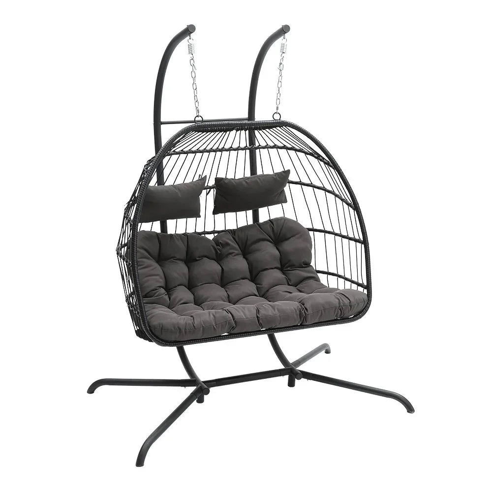Hanging 2-Seater Egg Chair & Grey 3m LED Cantilever Parasol Bundle