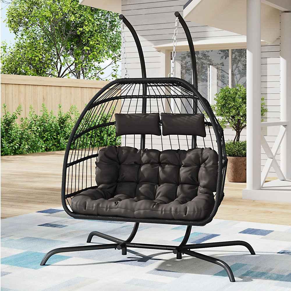 Hanging 2-Seater Egg Chair & Grey 3m LED Cantilever Parasol Bundle