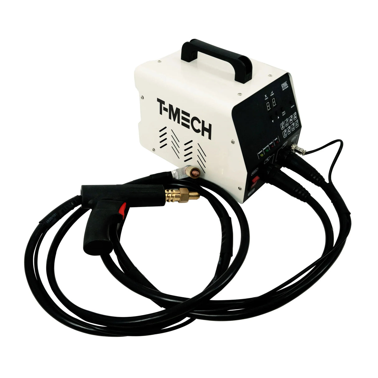 T-MECH dent puller machine with a white body, control panel, and black handle, featuring connected cables and a puller gun