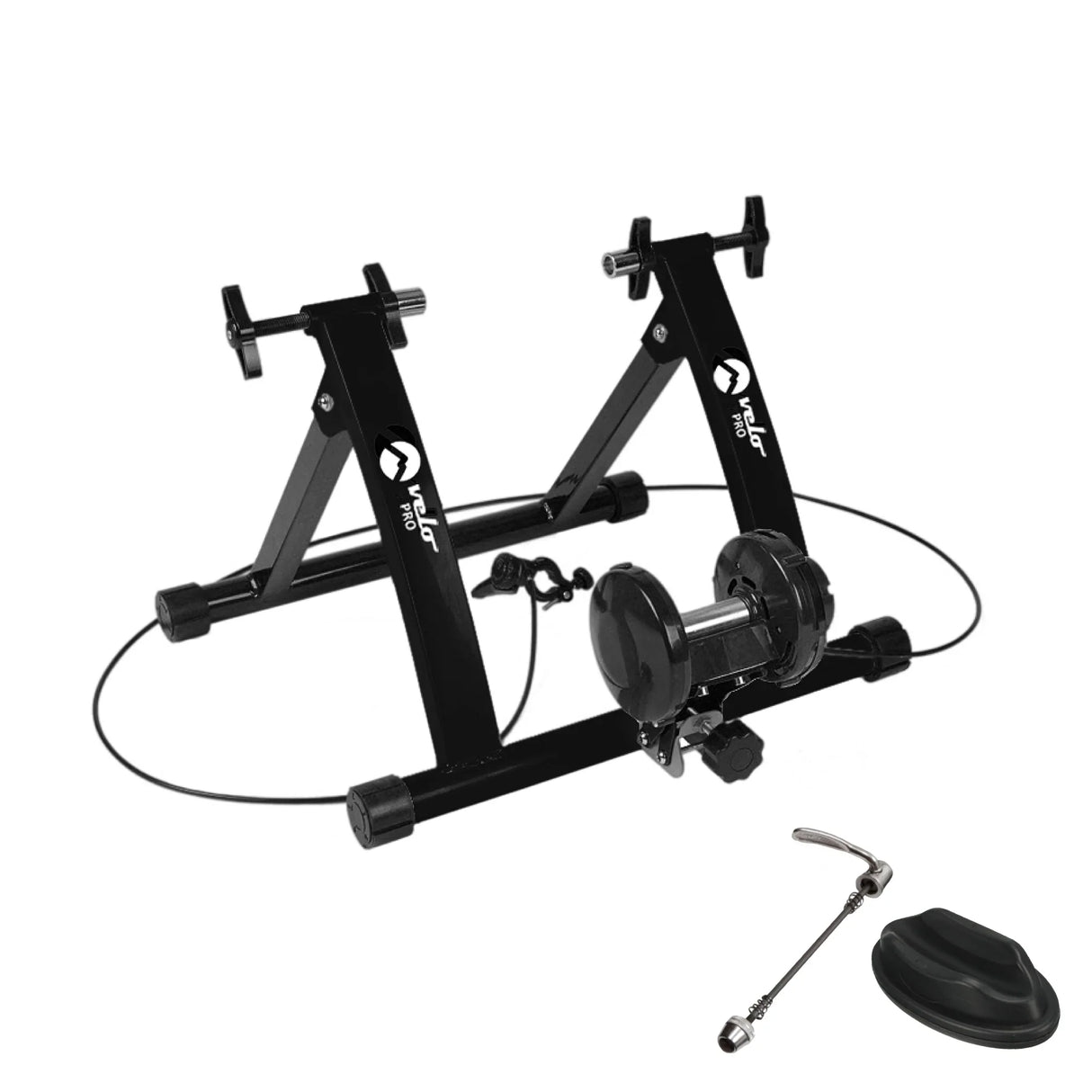 Black Velo Pro Fluid Turbo Trainer with Mat features a sturdy black frame, adjustable resistance, and includes a quick-release skewer for easy setup