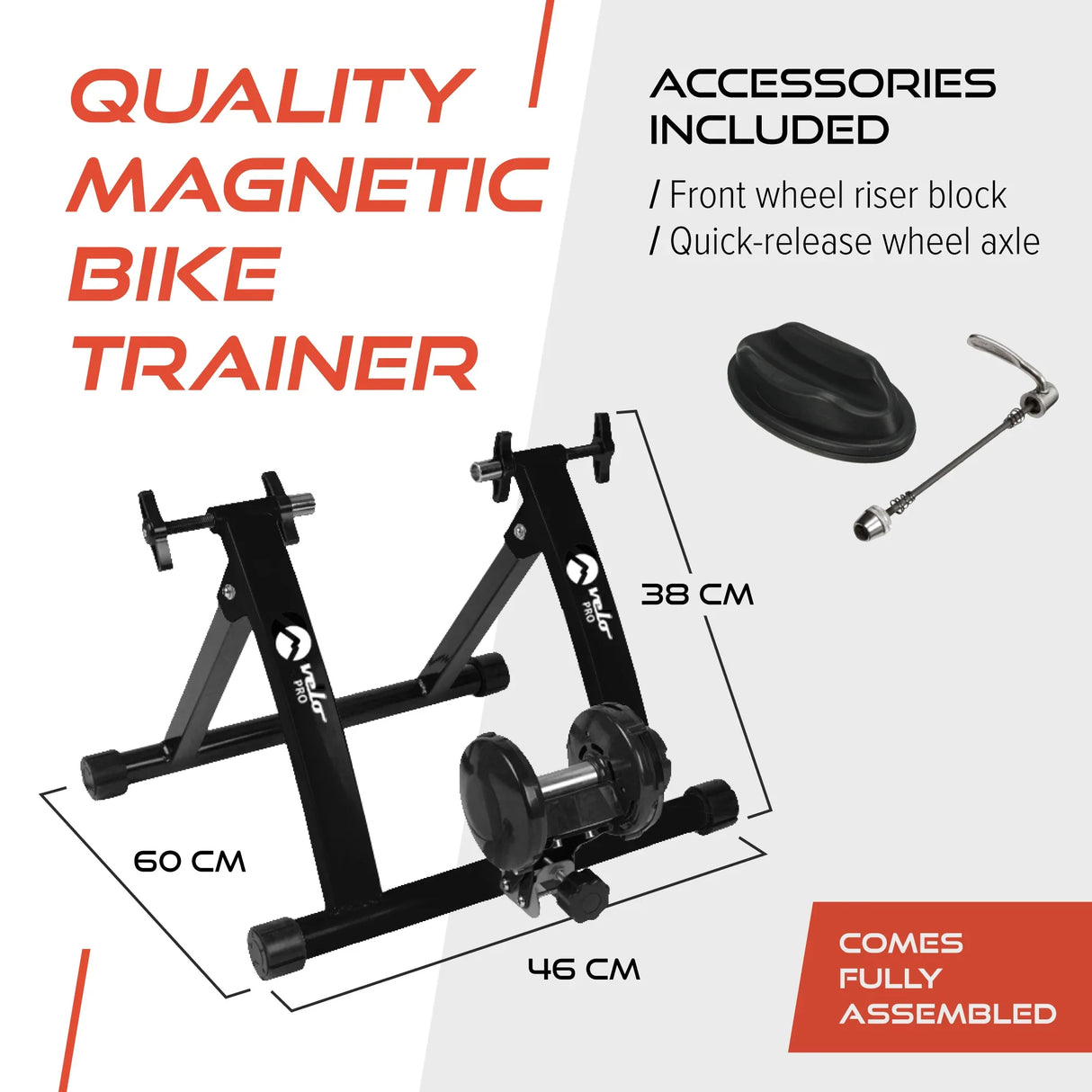 Black Velo Pro Fluid Turbo Trainer with mat, featuring a sturdy black frame, adjustable height, and included accessories for stability and ease of use