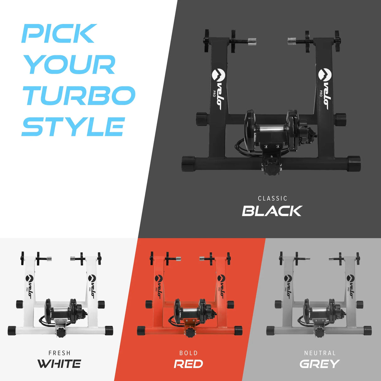 Black Velo Pro Fluid Turbo Trainer displayed on a mat, showcasing a sleek design with adjustable resistance and sturdy frame
