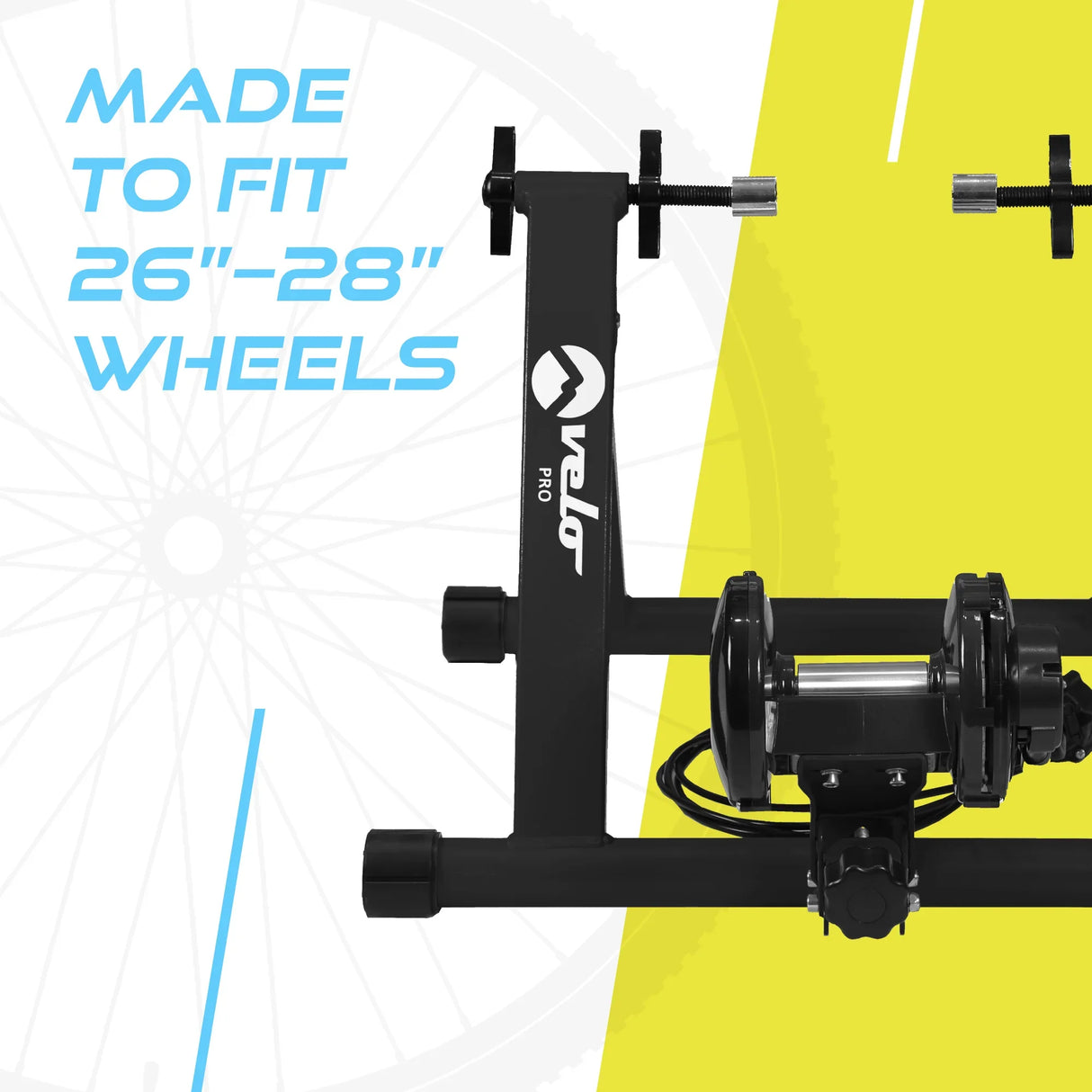 Black Velo Pro Fluid Turbo Trainer designed for 26"-28" wheels, featuring sturdy metal frame and adjustable resistance settings