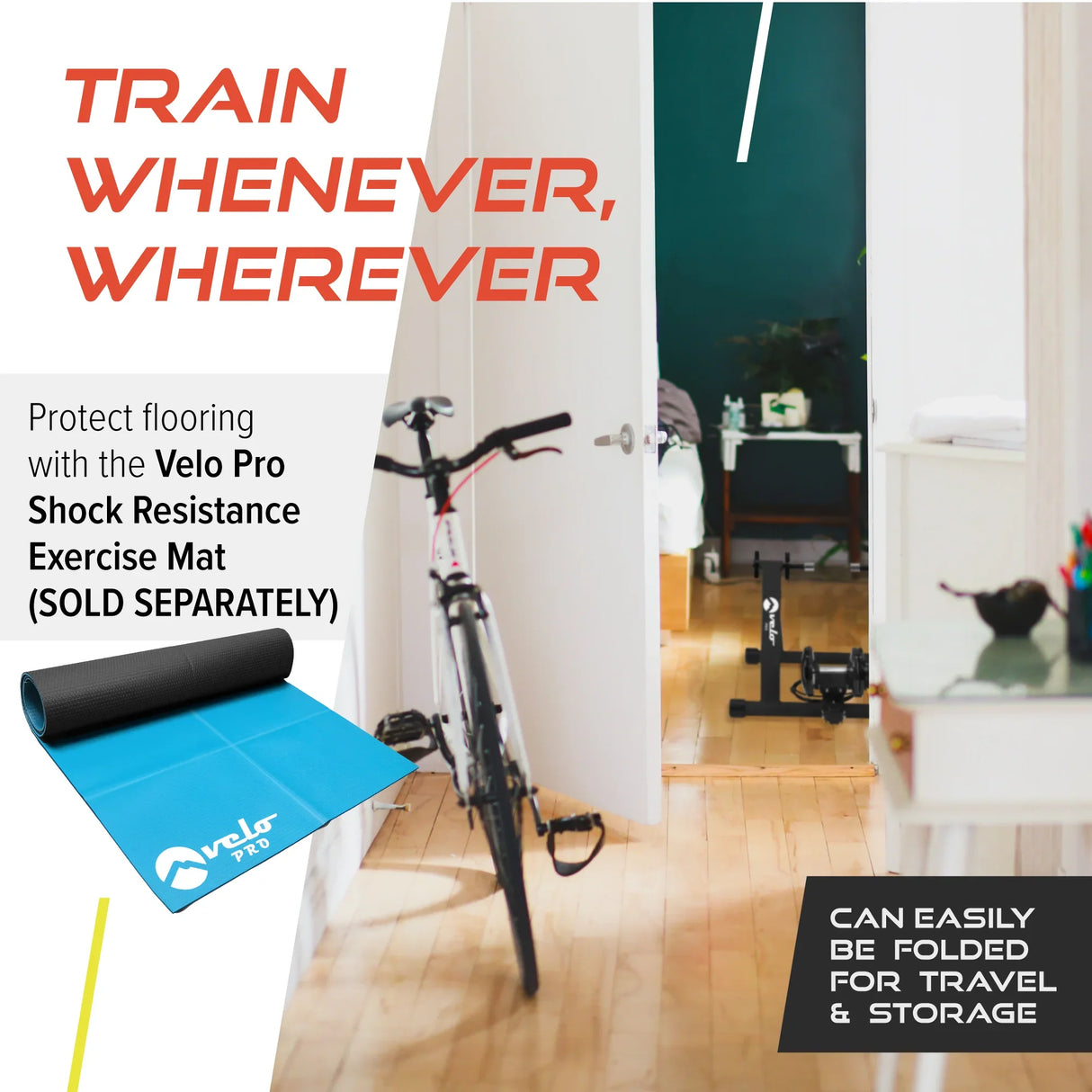 Velo Pro Black Magnetic Turbo Trainer in a bright room with a bike, showcasing its compact design and easy storage features