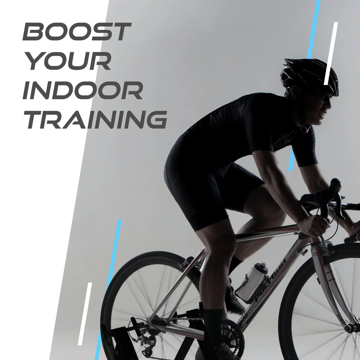 Black Velo Pro Fluid Turbo Trainer with Mat, featuring a sleek design, sturdy frame, and a cyclist in action against a minimalistic backdrop
