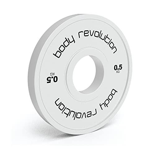 Full set of fractional bumper plates in white, featuring a smooth finish and clear weight markings for easy identification