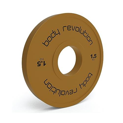 Full set of fractional bumper plates in vibrant orange, featuring a smooth rubber texture and clear weight markings for easy identification