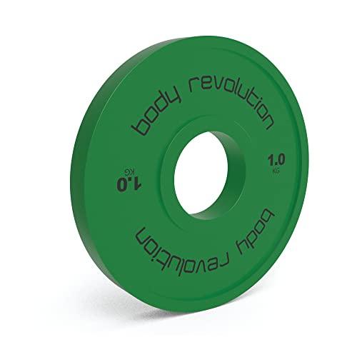 Bright green 1.0 kg fractional bumper plate with a smooth texture, featuring a central hole for easy barbell attachment and clear branding