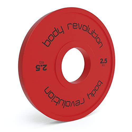 Bright red 2.5 kg fractional bumper plate with a smooth surface, featuring bold black lettering and a central hole for easy handling