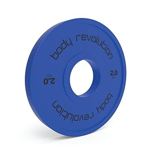 Blue 2.0 kg fractional bumper plate with a smooth texture and a central hole, ideal for weightlifting and strength training