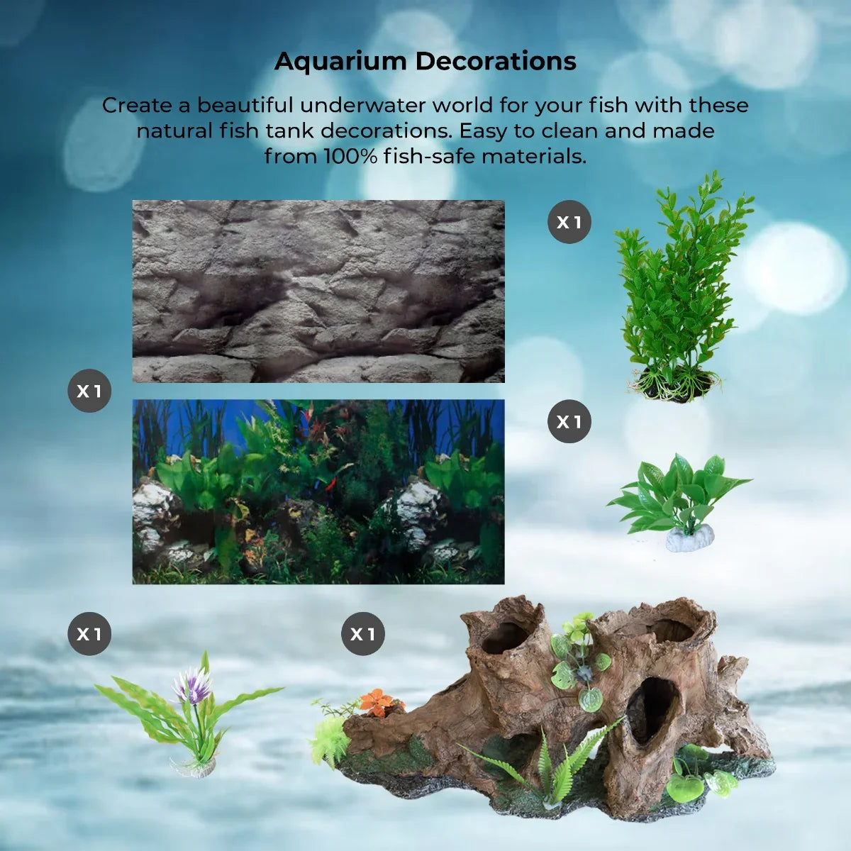 Aquarium decorations including realistic rock, vibrant plants, and a textured log, enhancing the underwater environment for fish