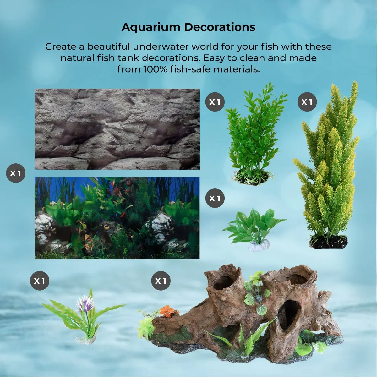 Aquarium fish tank starter kit with black tank, black gravel, and vibrant green aquatic plants for a natural underwater habitat