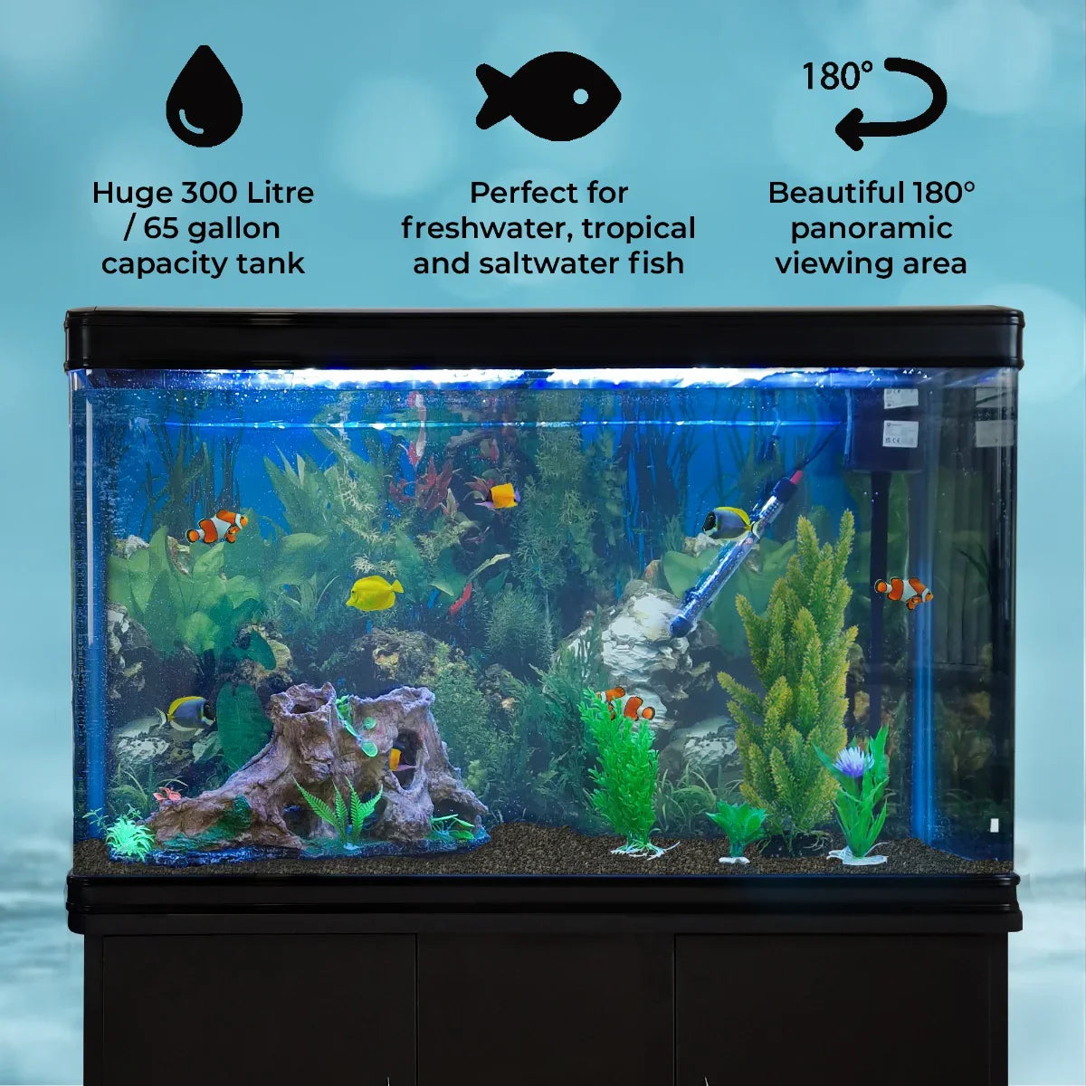 Black aquarium fish tank with 300-liter capacity, featuring vibrant aquatic plants, rocks, and colorful fish in a panoramic view