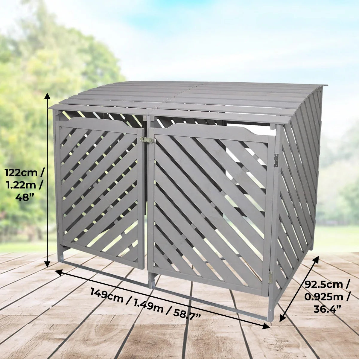 Grey wash double wheelie bin storage with slatted design, dimensions 122cm high, 149cm wide, and 92.5cm deep, ideal for outdoor use