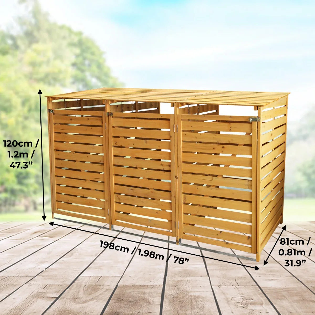 Triple wheelie bin storage made of natural wood, featuring slatted design, dimensions 120cm high, 198cm wide, and 81cm deep, set in a garden backdrop