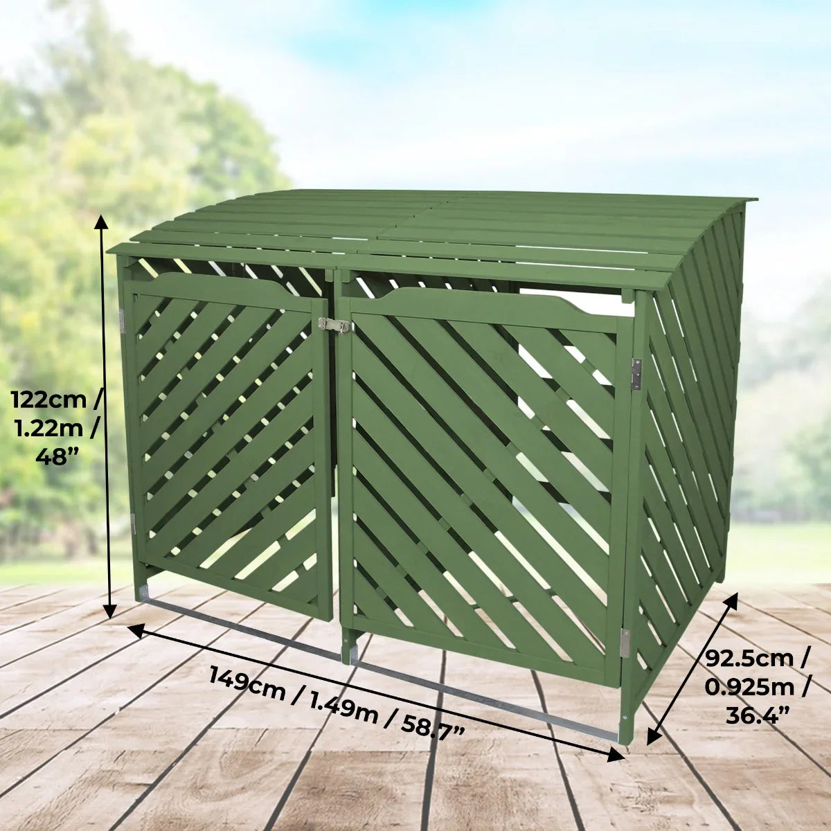 Sage green double wheelie bin storage with slatted design, dimensions 149cm x 122cm x 92.5cm, ideal for outdoor waste management
