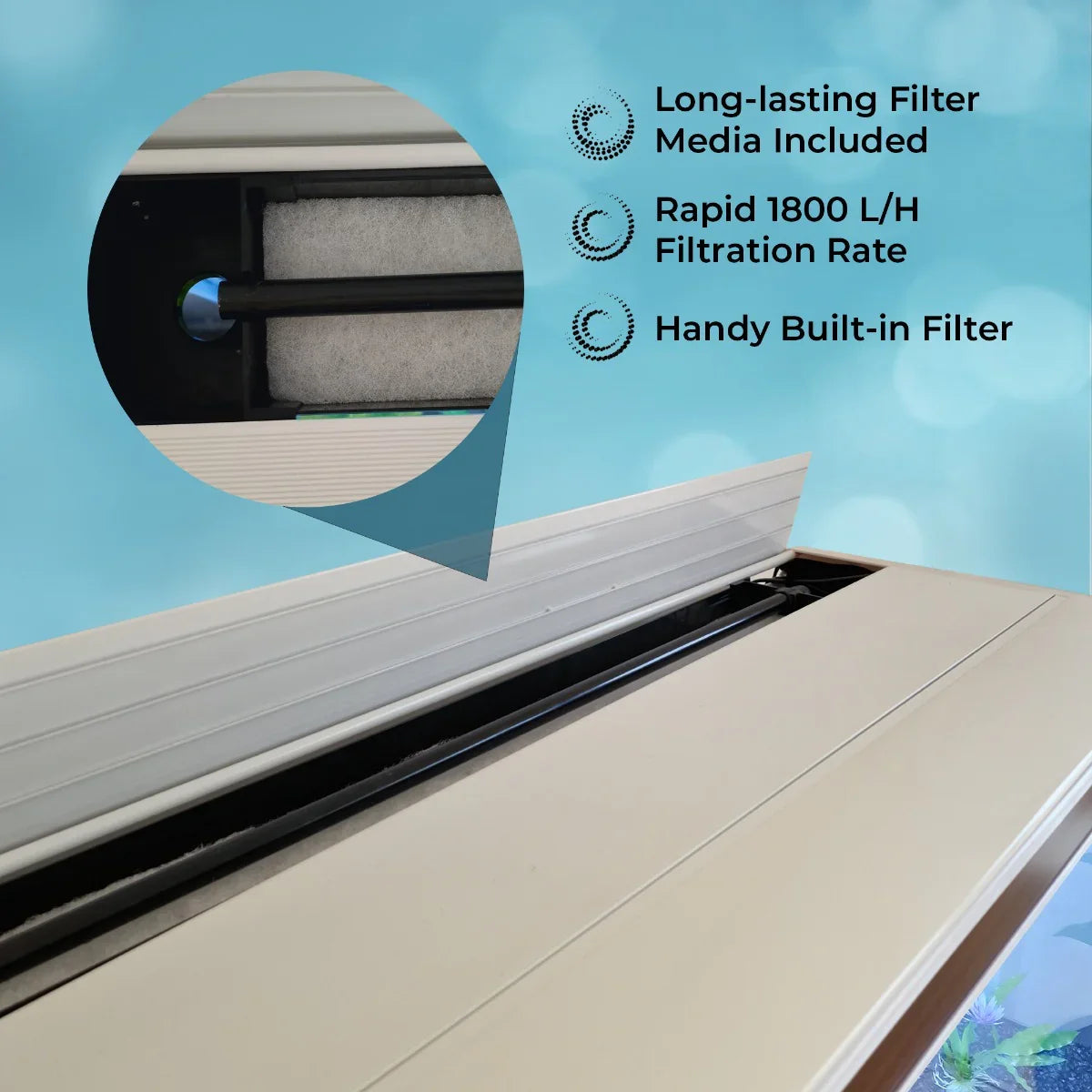 Aquarium fish tank cabinet top showing built-in filter system, with long-lasting media and rapid 1800 L/H filtration rate