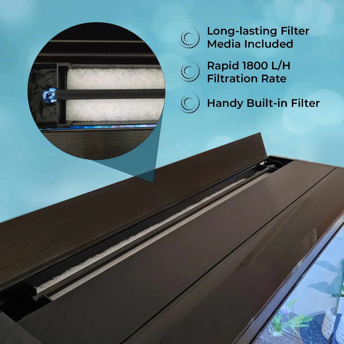 Aquarium fish tank with sleek black cabinet, featuring a built-in filter and rapid 1800 L/H filtration rate for optimal water clarity