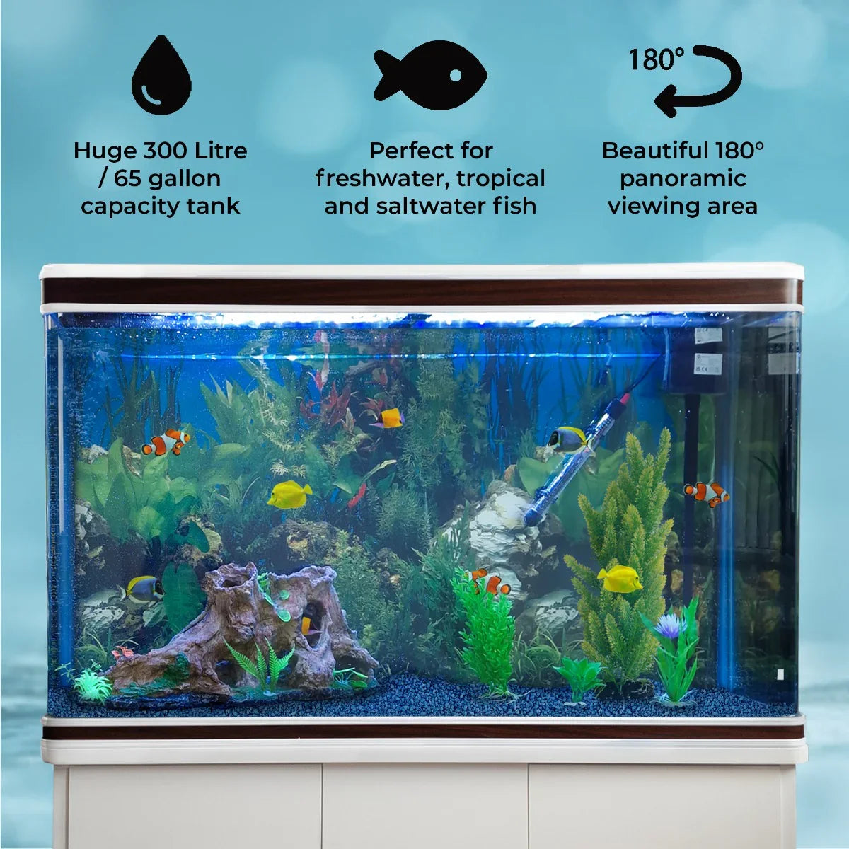 300L white aquarium fish tank with blue gravel, vibrant plants, and colorful fish, featuring a panoramic 180° viewing area