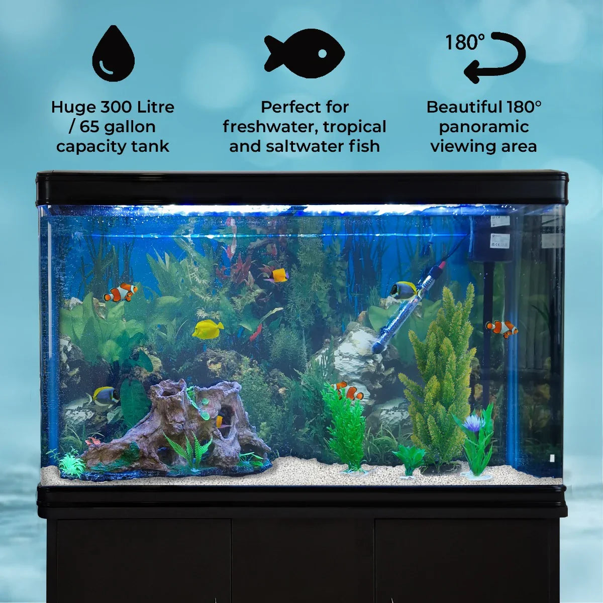 Aquarium fish tank with black cabinet, 300-liter capacity, vibrant plants, white gravel, and panoramic 180° viewing area