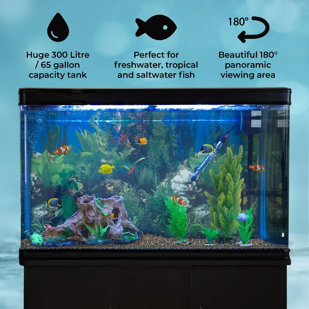 300-liter black aquarium fish tank with natural gravel, vibrant aquatic plants, and colorful fish, offering a panoramic 180° view