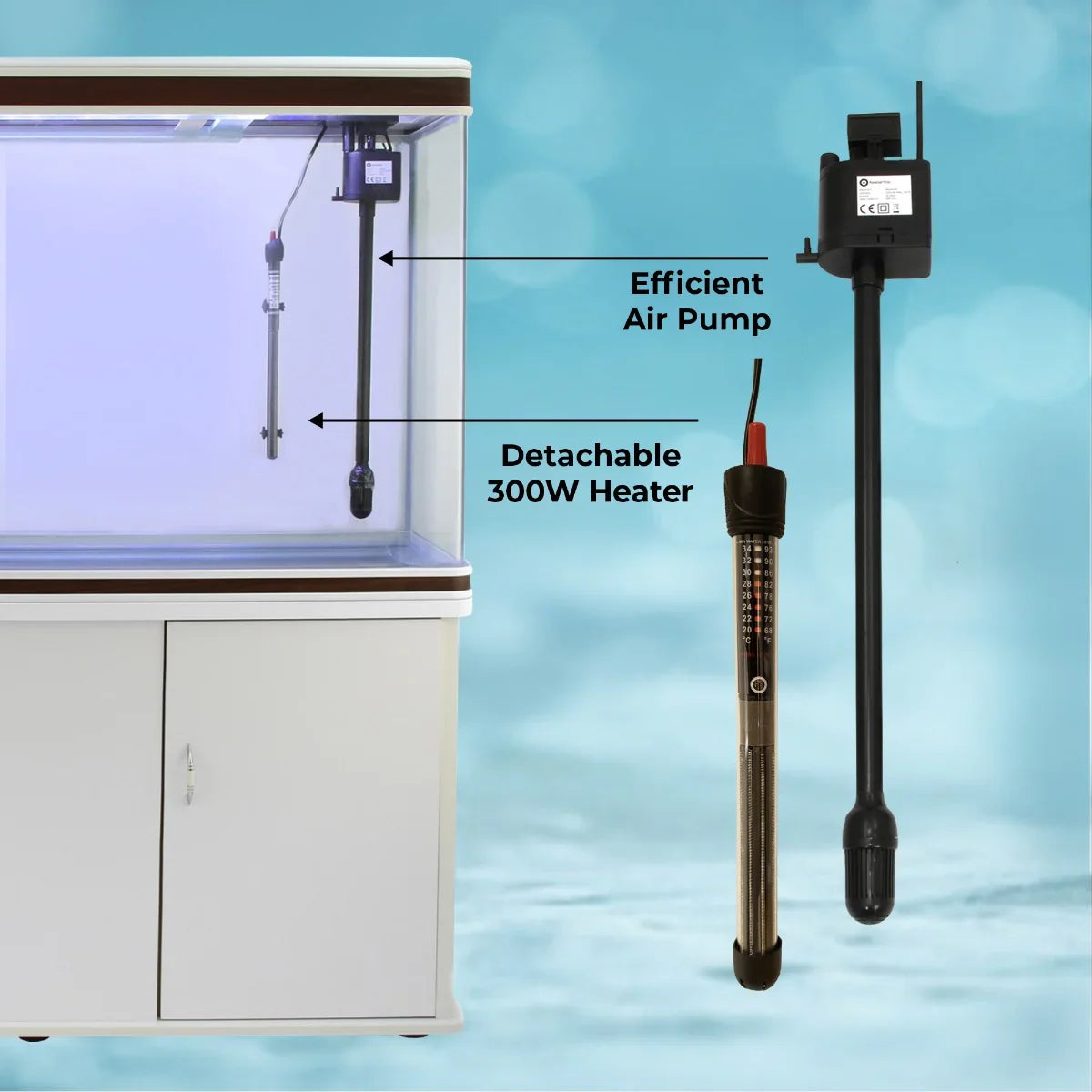 Aquarium fish tank with white cabinet, featuring an efficient air pump and a detachable 300W heater for optimal water conditions