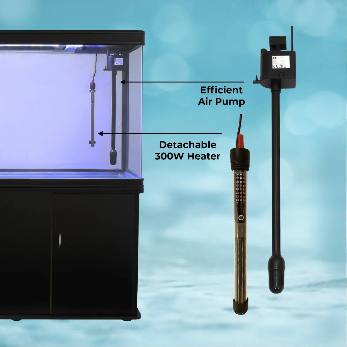 Black aquarium fish tank with cabinet, featuring an efficient air pump and a detachable 300W heater for optimal fish care