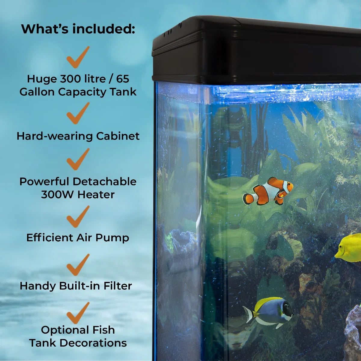 Aquarium fish tank with black cabinet, 300-liter capacity, featuring colorful fish, vibrant plants, and essential starter kit components