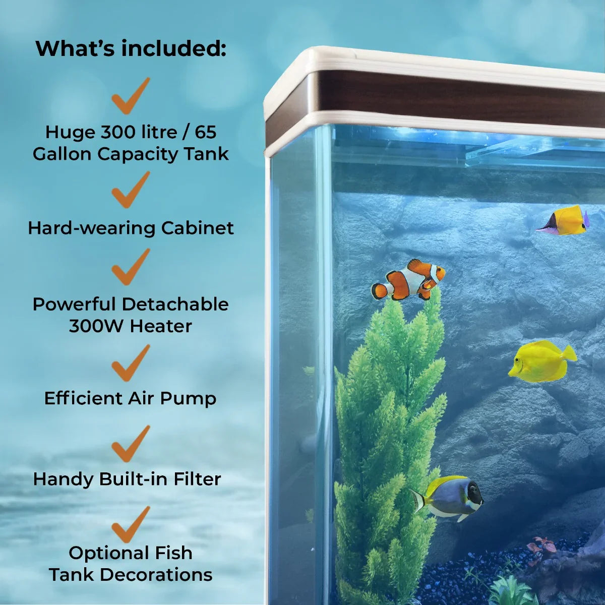 Aquarium fish tank and cabinet in white, featuring blue gravel, with a 300L capacity, heater, air pump, and built-in filter