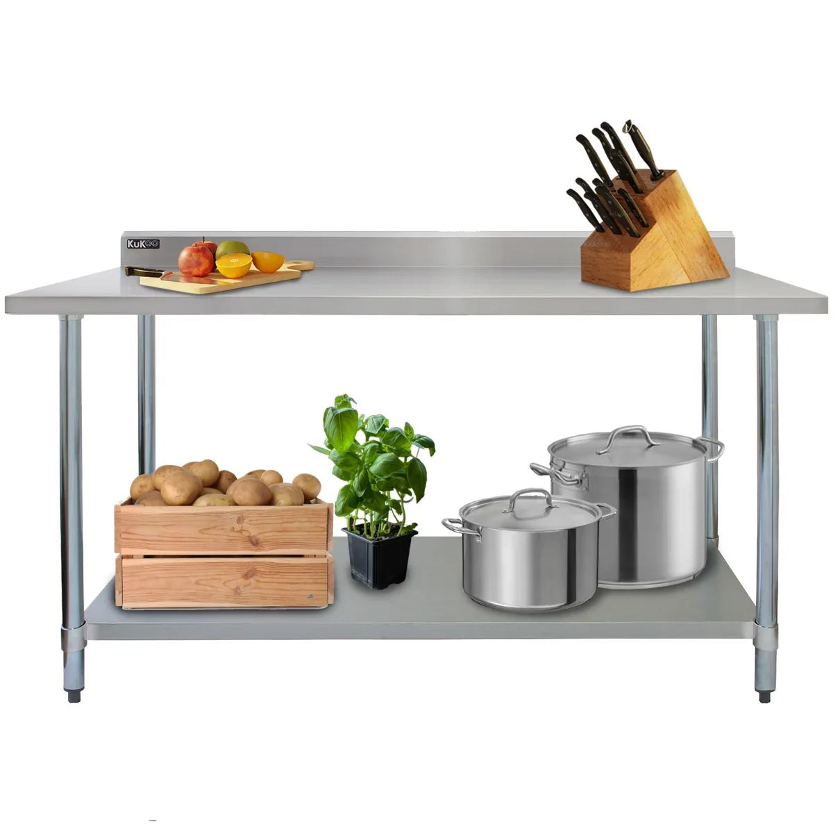 Commercial stainless steel catering table, 6ft wide, featuring a smooth surface, sturdy legs, and storage for pots, plants, and utensils