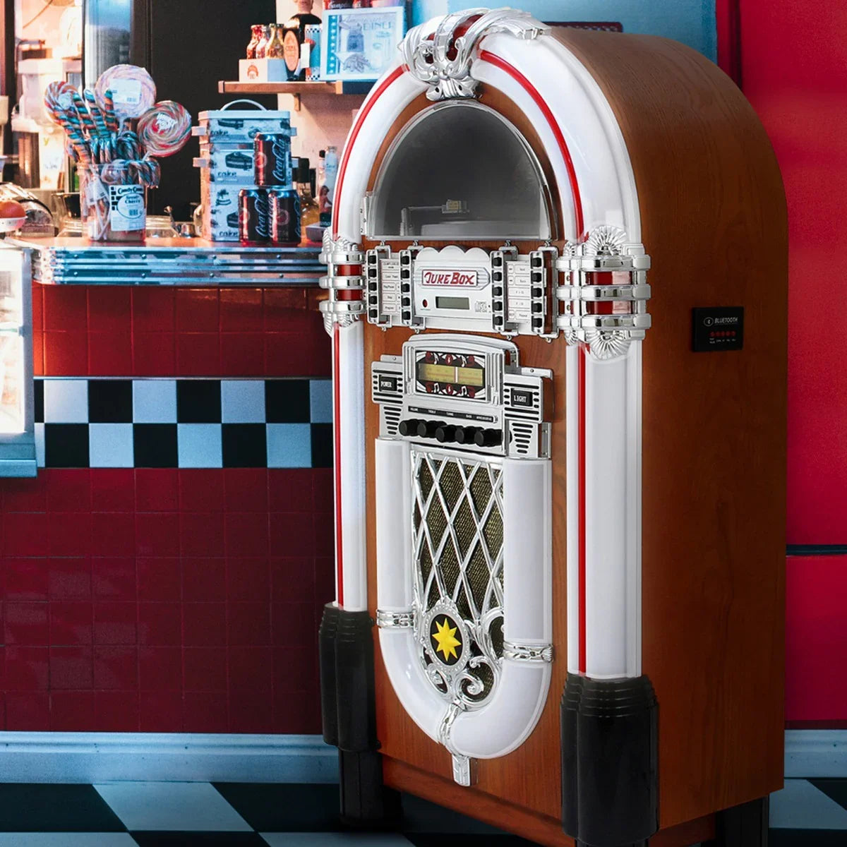 Retro style illuminated jukebox sound system with chrome accents, wooden body, and colorful lights, perfect for vintage decor