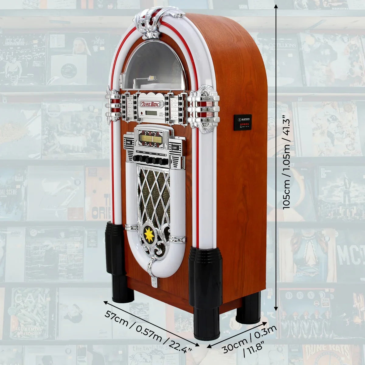 Retro style illuminated jukebox sound system with chrome accents, wooden finish, and vintage design, measuring 105 cm tall