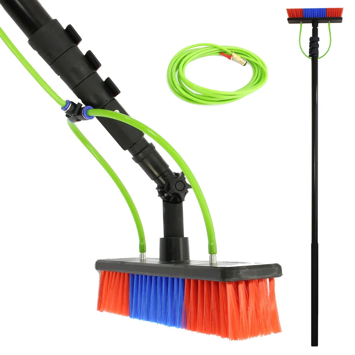 30ft water fed window cleaning pole with a vibrant brush head featuring red and blue bristles, flexible green hoses, and sturdy black handle