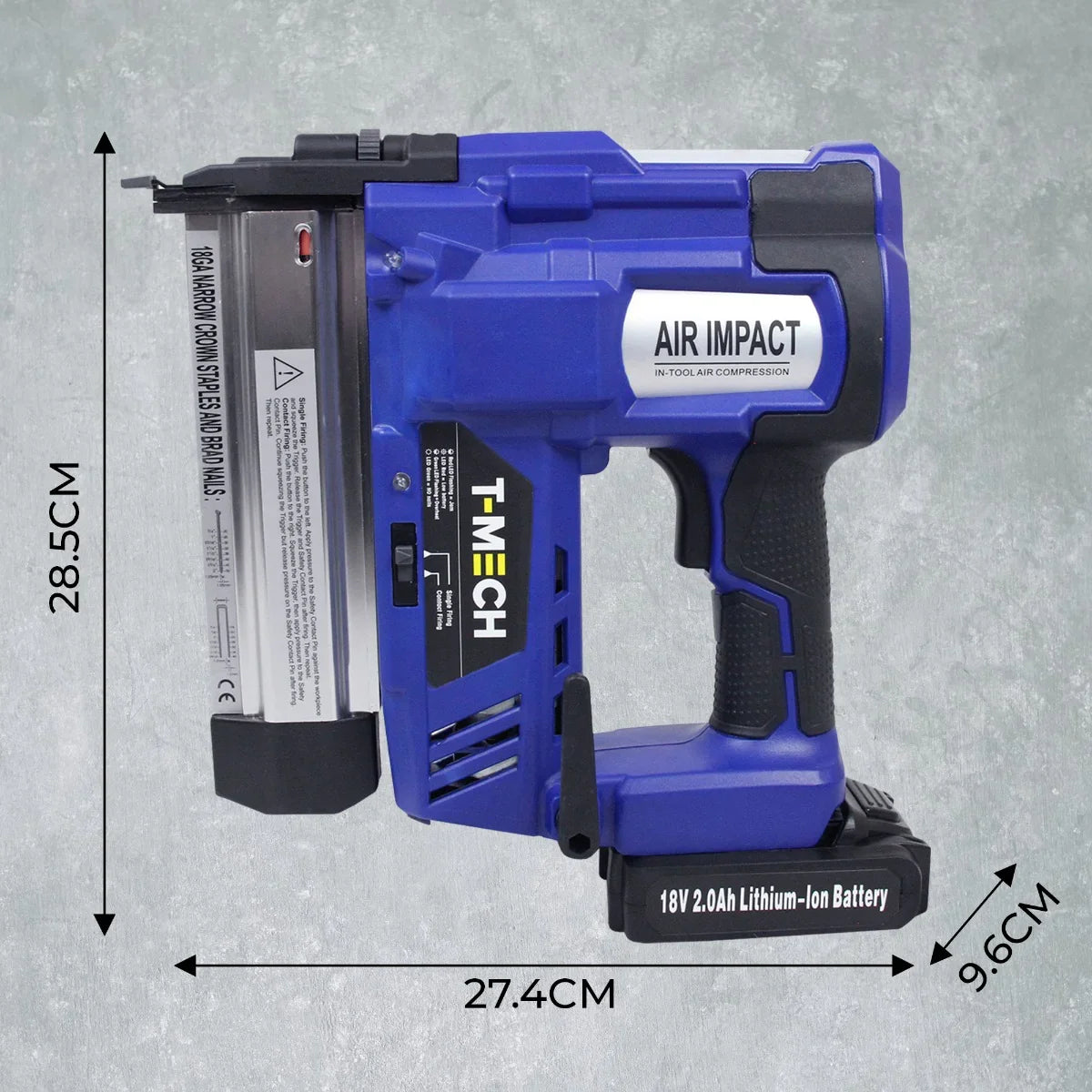 T-Mech Nail & Staple Gun in blue with ergonomic grip, showcasing dimensions and battery compartment for easy use and storage