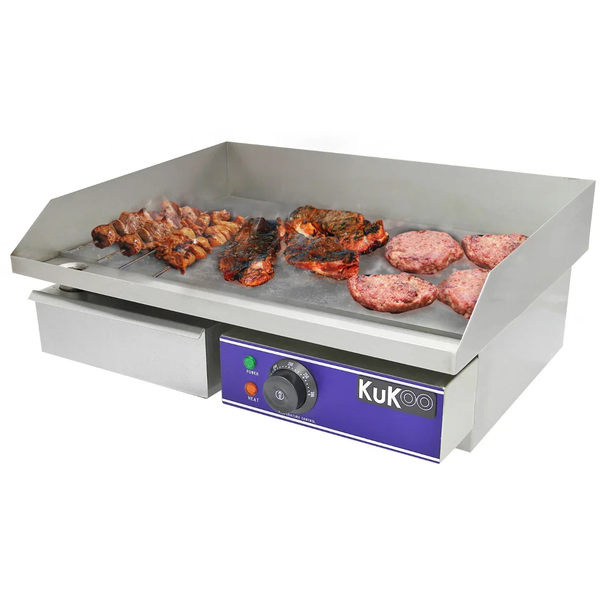 KuKoo 50cm wide electric griddle with stainless steel surface, cooking meats and burgers, featuring adjustable temperature control