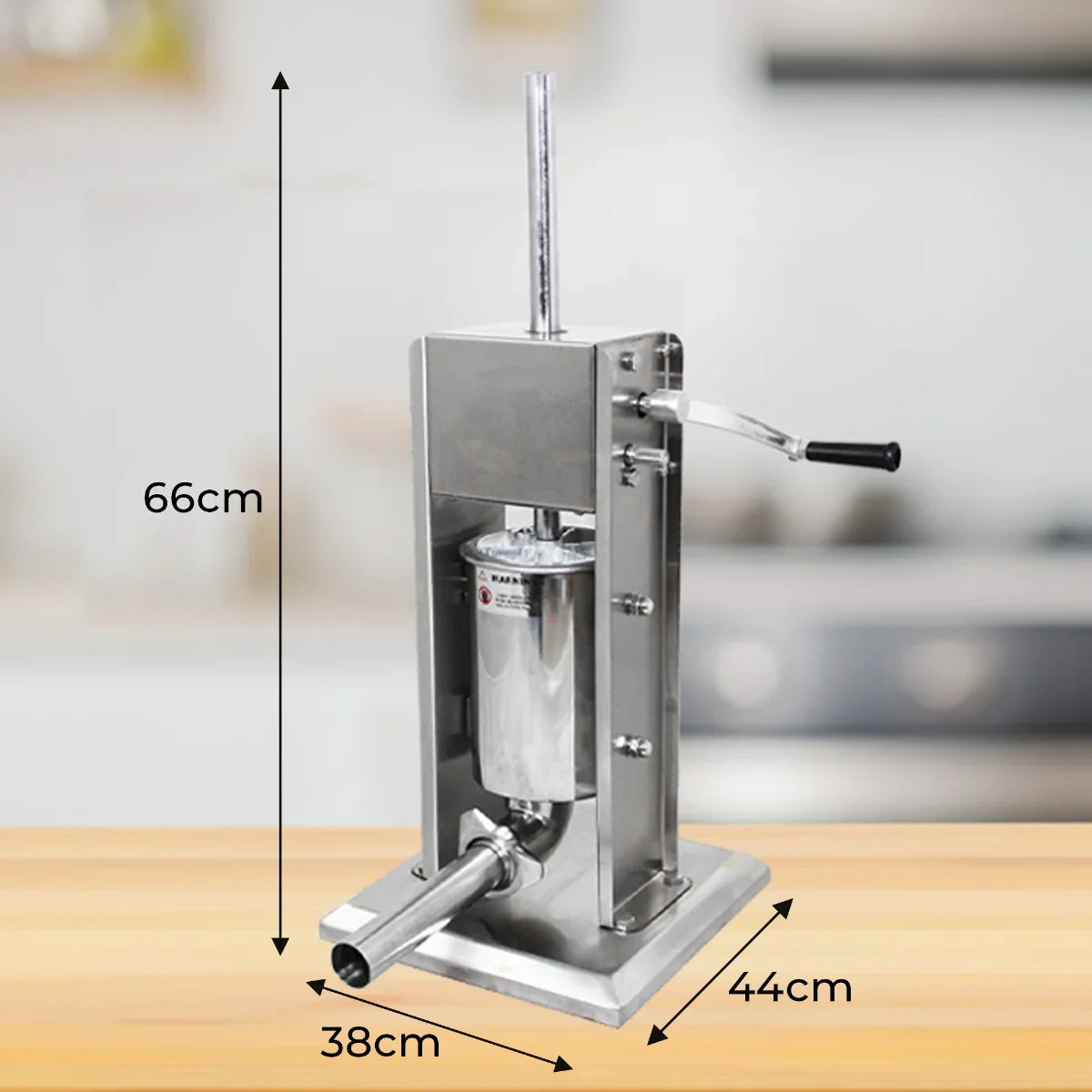 Stainless steel KuKoo 5L sausage stuffer with a sturdy base, measuring 66cm tall, ideal for home sausage making and clipping