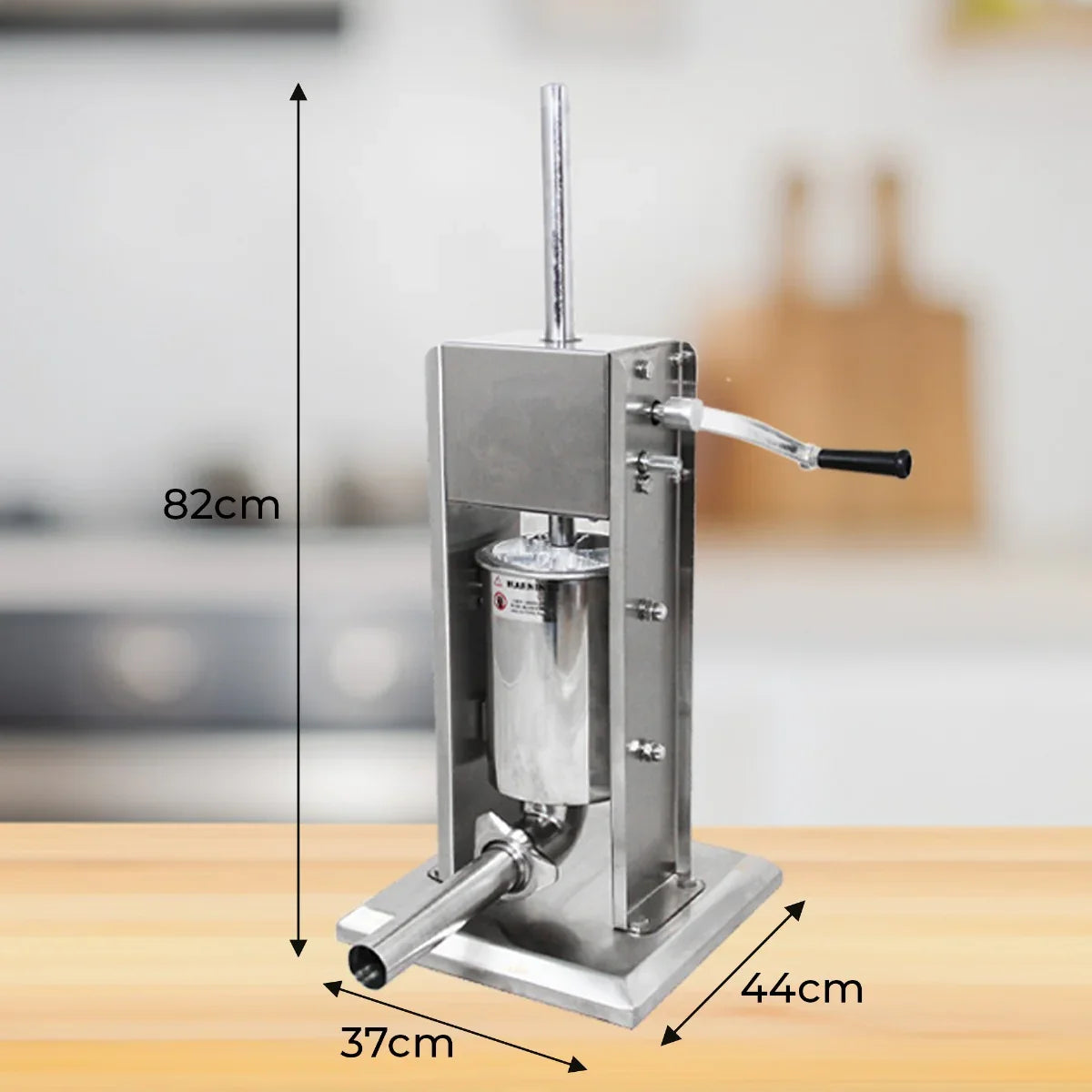 Stainless steel KuKoo 7L sausage stuffer with a sturdy base, measuring 82cm tall, ideal for home sausage making and food preparation