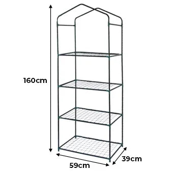 Mini greenhouse with four wire mesh shelves, green metal frame, and a plastic cover, measuring 160cm tall and 59cm wide