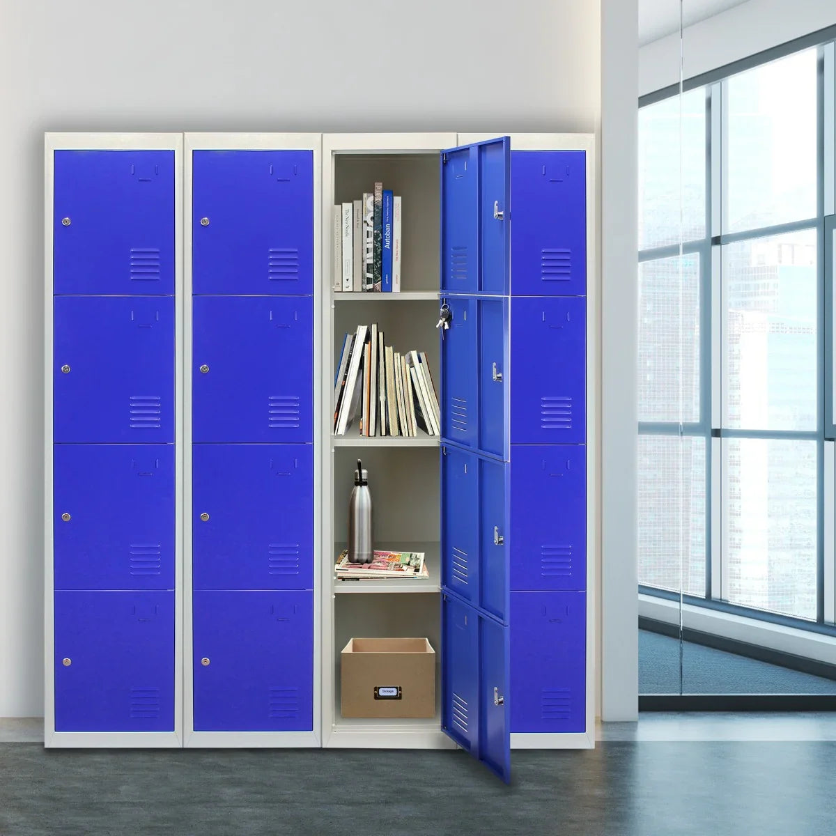 Blue metal storage lockers with four doors, featuring a sleek design and open compartments displaying books and a water bottle