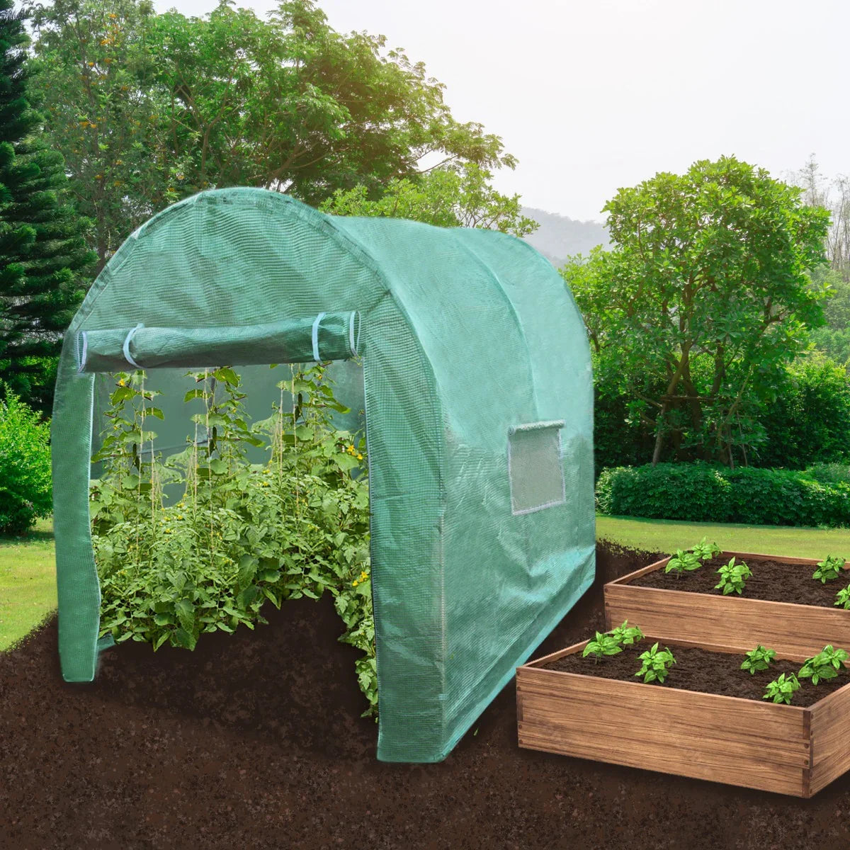 Polytunnel 19mm 2.5m x 2m in green, featuring a rounded top, mesh sides, and plants growing inside, set in a garden with wooden planters