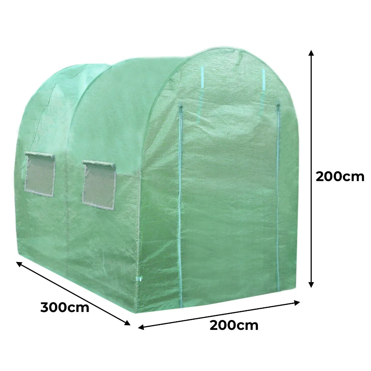 Green polytunnel greenhouse measuring 3m x 2m with racking, featuring a sturdy 25mm frame and mesh windows for ventilation