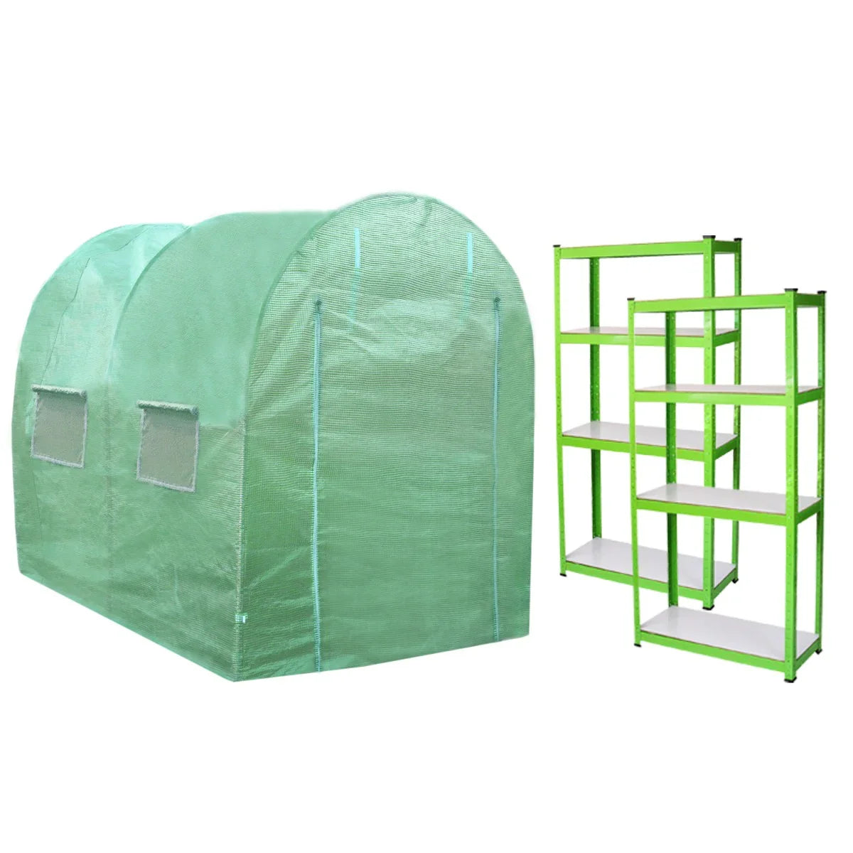 Green polytunnel greenhouse measuring 4m x 2m with a 25mm frame, featuring side windows and accompanying green racking shelves
