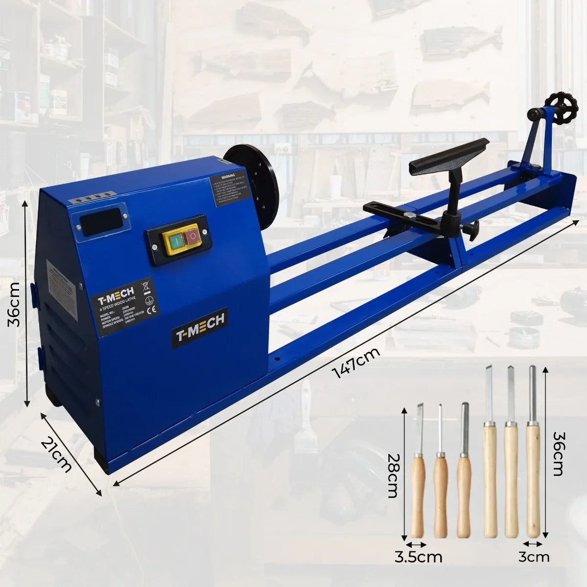 T-Mech Wood Lathe in vibrant blue, featuring a sturdy design, adjustable tool rest, and included woodturning tools for precision crafting