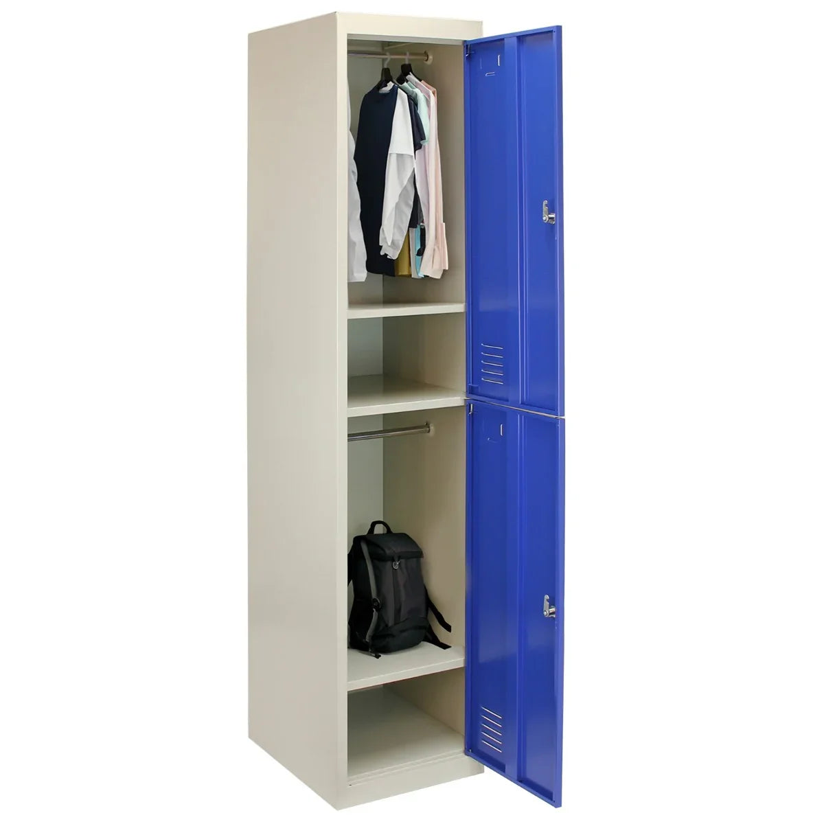 Blue metal storage lockers with two doors, featuring a hanging rod, shelves, and a backpack on the bottom shelf