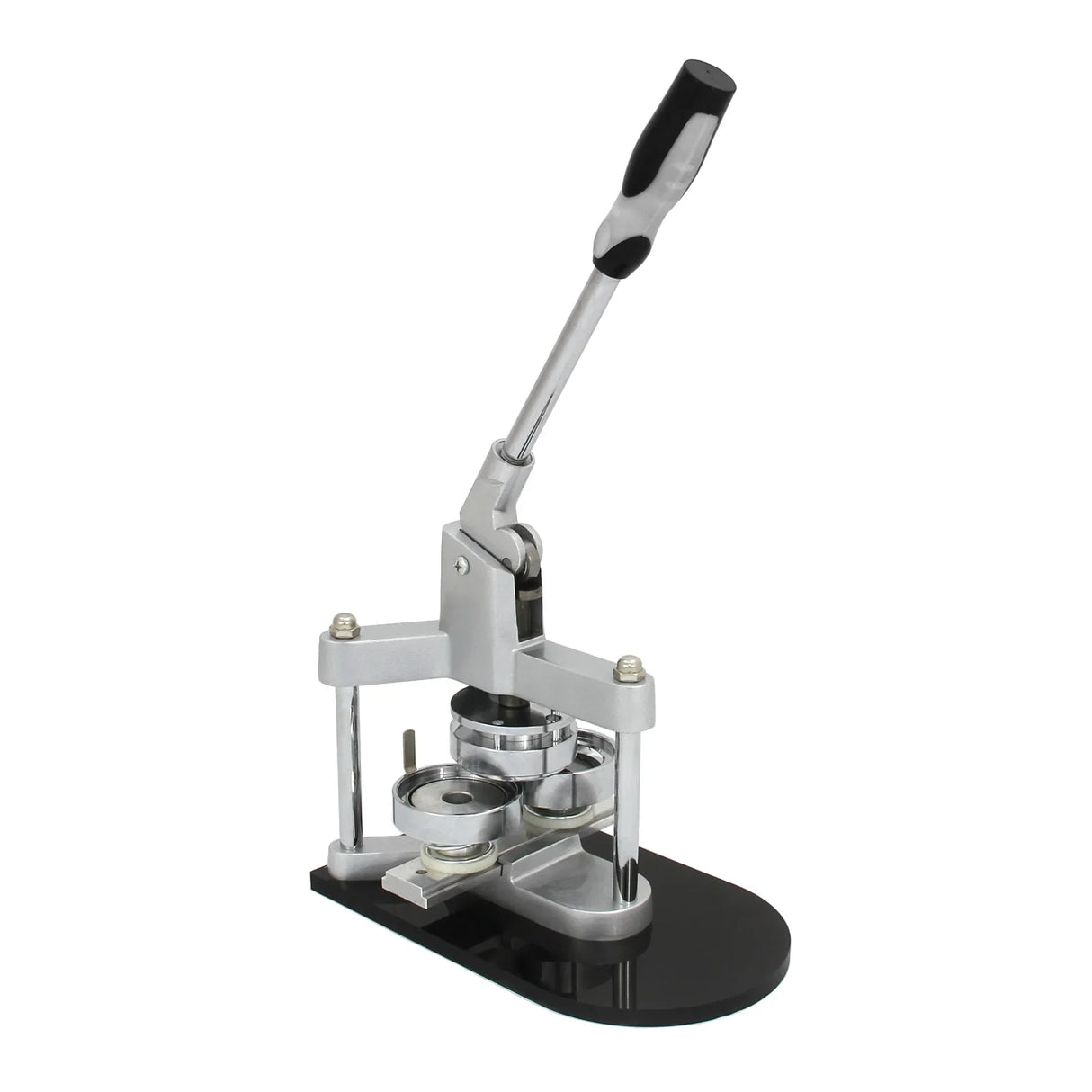 PixMax 58mm pocket mirror and badge press in silver and black, featuring a sturdy lever for easy cutting and pressing